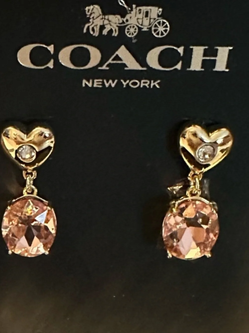 COACH Pink Crystal Heart Drop Earrings - Gold Tone - Picture 2 of 5